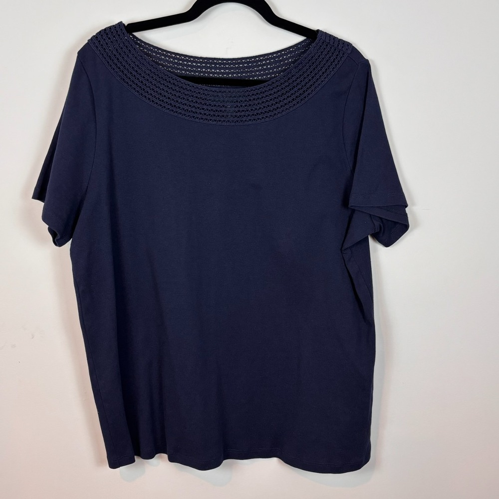 Lauren Ralph Lauren Womens Navy 100%‎ Cotton Crochet Trim Neckline SZ 2X Stretch